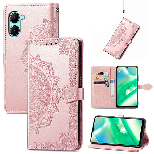 Leather Case Stands Fashionable Pattern Flip Cover Holder for Realme C33 Rose Gold