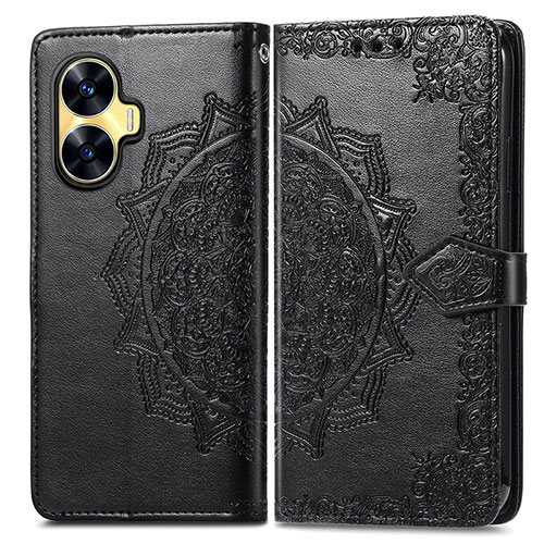 Leather Case Stands Fashionable Pattern Flip Cover Holder for Realme Narzo N55 Black