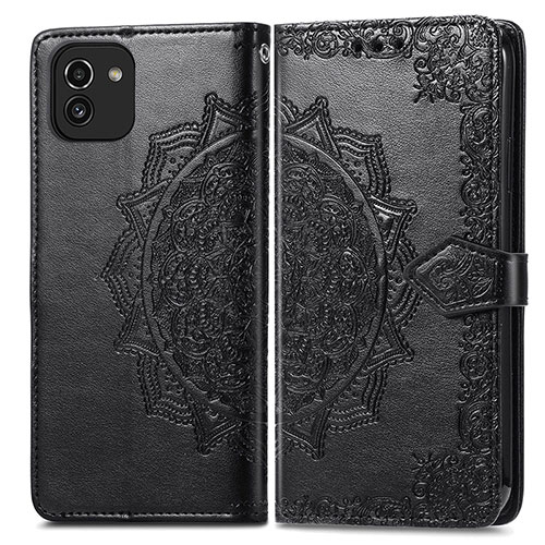 Leather Case Stands Fashionable Pattern Flip Cover Holder for Samsung Galaxy A03 Black