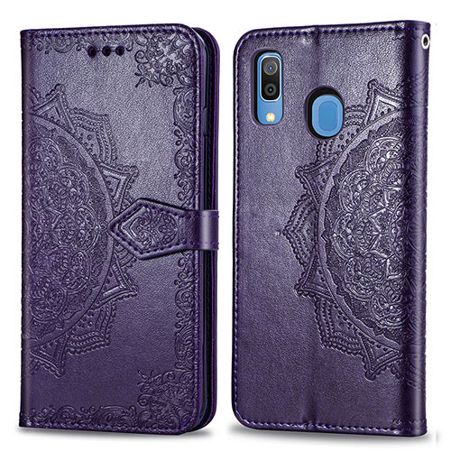 Leather Case Stands Fashionable Pattern Flip Cover Holder for Samsung Galaxy A20 Purple