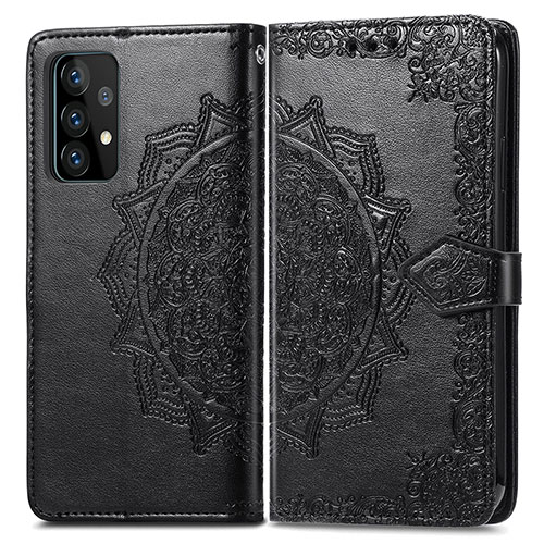 Leather Case Stands Fashionable Pattern Flip Cover Holder for Samsung Galaxy A52 4G Black