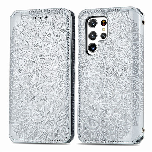 Leather Case Stands Fashionable Pattern Flip Cover Holder for Samsung Galaxy S21 Ultra 5G Gray