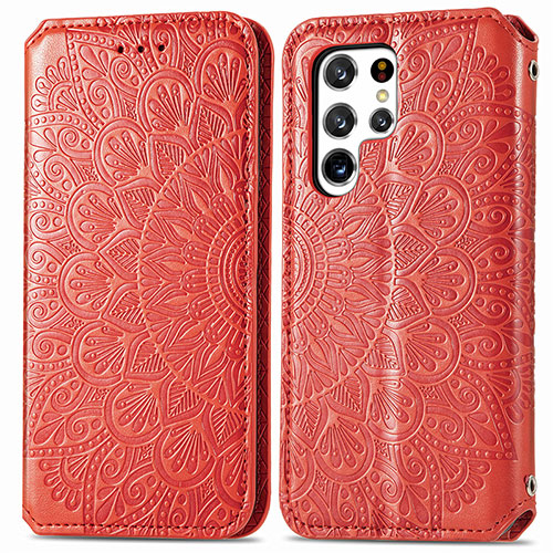 Leather Case Stands Fashionable Pattern Flip Cover Holder for Samsung Galaxy S24 Ultra 5G Red