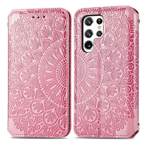 Leather Case Stands Fashionable Pattern Flip Cover Holder for Samsung Galaxy S24 Ultra 5G Rose Gold