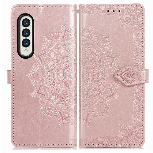 Leather Case Stands Fashionable Pattern Flip Cover Holder for Samsung Galaxy Z Fold3 5G Rose Gold