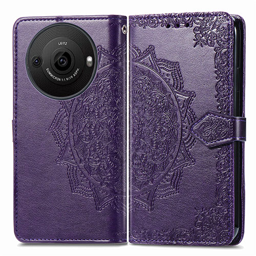 Leather Case Stands Fashionable Pattern Flip Cover Holder for Sharp Aquos R8 Pro Purple