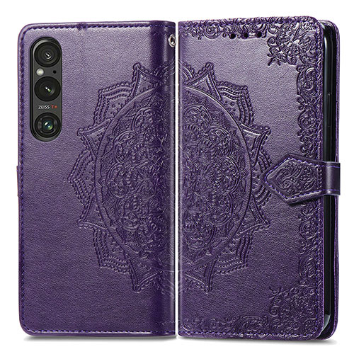 Leather Case Stands Fashionable Pattern Flip Cover Holder for Sony Xperia 1 V Purple