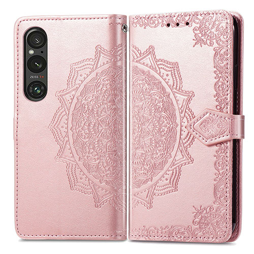 Leather Case Stands Fashionable Pattern Flip Cover Holder for Sony Xperia 1 V Rose Gold