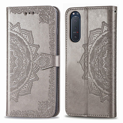 Leather Case Stands Fashionable Pattern Flip Cover Holder for Sony Xperia 5 II Gray