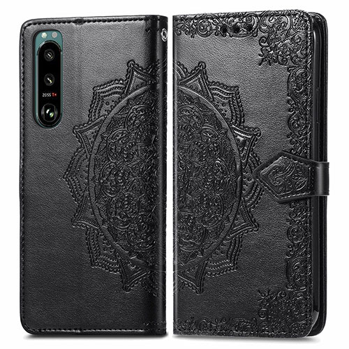 Leather Case Stands Fashionable Pattern Flip Cover Holder for Sony Xperia 5 III SO-53B Black