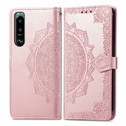 Leather Case Stands Fashionable Pattern Flip Cover Holder for Sony Xperia 5 III SO-53B Rose Gold