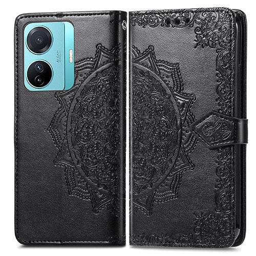 Leather Case Stands Fashionable Pattern Flip Cover Holder for Vivo T1 5G Black