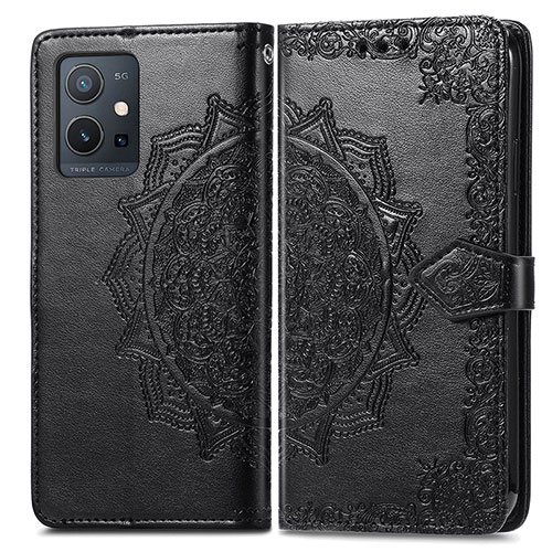 Leather Case Stands Fashionable Pattern Flip Cover Holder for Vivo T1 5G India Black