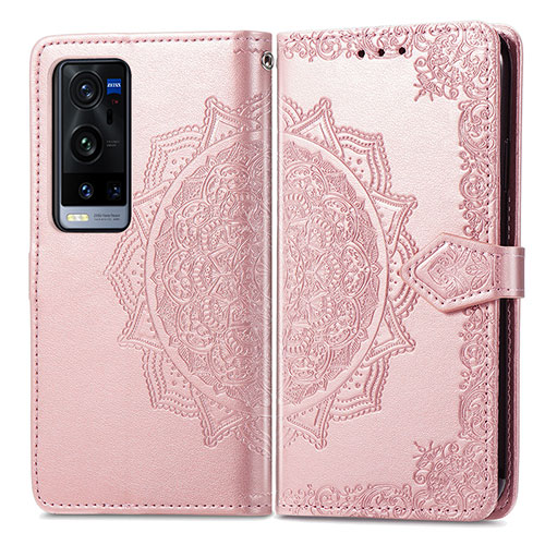 Leather Case Stands Fashionable Pattern Flip Cover Holder for Vivo X60 Pro+ Plus 5G Rose Gold