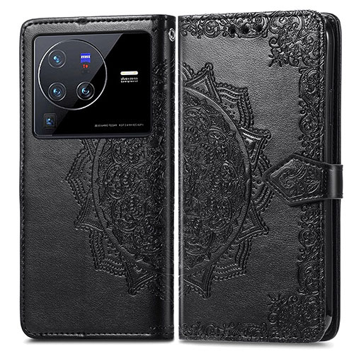 Leather Case Stands Fashionable Pattern Flip Cover Holder for Vivo X80 Pro 5G Black