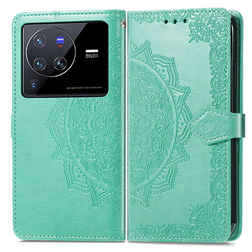 Leather Case Stands Fashionable Pattern Flip Cover Holder for Vivo X80 Pro 5G Green