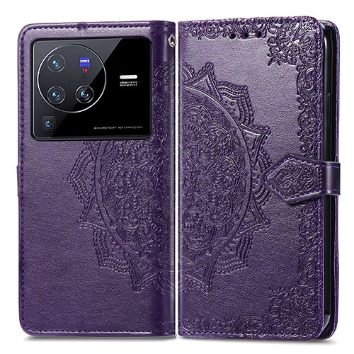 Leather Case Stands Fashionable Pattern Flip Cover Holder for Vivo X80 Pro 5G Purple