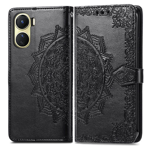 Leather Case Stands Fashionable Pattern Flip Cover Holder for Vivo Y02S Black