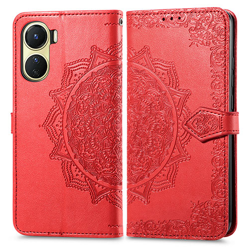 Leather Case Stands Fashionable Pattern Flip Cover Holder for Vivo Y02S Red