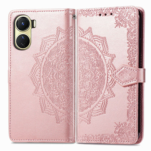 Leather Case Stands Fashionable Pattern Flip Cover Holder for Vivo Y02S Rose Gold