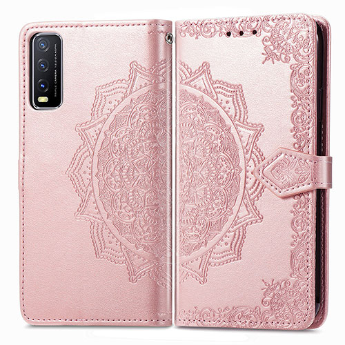 Leather Case Stands Fashionable Pattern Flip Cover Holder for Vivo Y20 (2021) Rose Gold