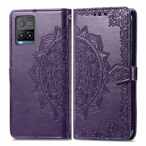 Leather Case Stands Fashionable Pattern Flip Cover Holder for Vivo Y21 Purple