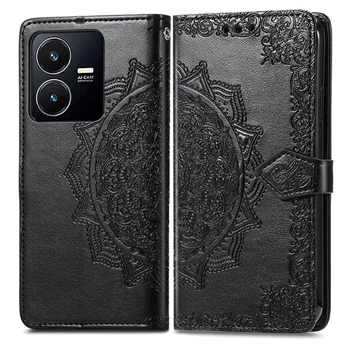 Leather Case Stands Fashionable Pattern Flip Cover Holder for Vivo Y22 Black