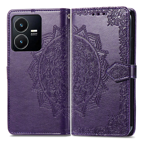 Leather Case Stands Fashionable Pattern Flip Cover Holder for Vivo Y22s Purple