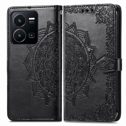 Leather Case Stands Fashionable Pattern Flip Cover Holder for Vivo Y35 4G Black