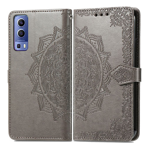 Leather Case Stands Fashionable Pattern Flip Cover Holder for Vivo Y52 5G Gray