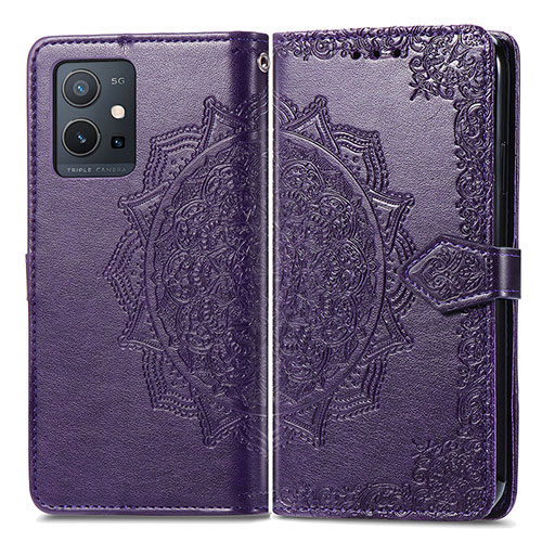 Leather Case Stands Fashionable Pattern Flip Cover Holder for Vivo Y55 5G Purple