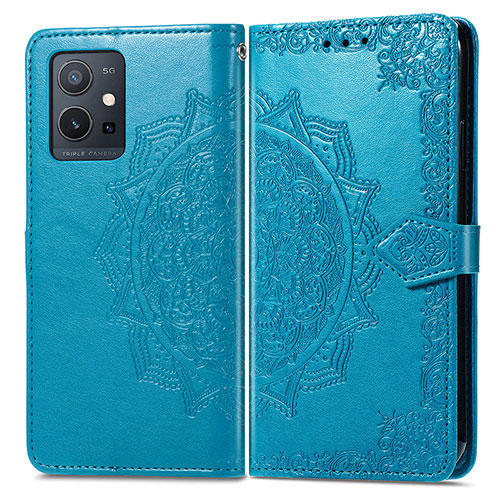 Leather Case Stands Fashionable Pattern Flip Cover Holder for Vivo Y55s 5G Blue