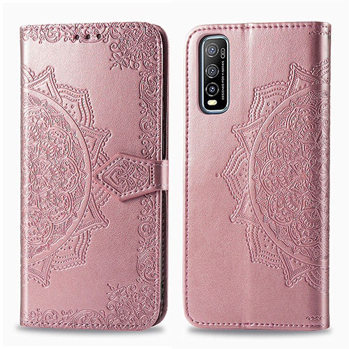 Leather Case Stands Fashionable Pattern Flip Cover Holder for Vivo Y70t 5G Rose Gold