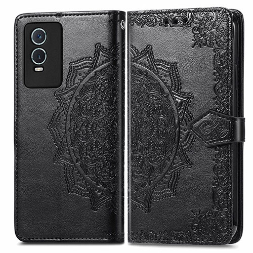 Leather Case Stands Fashionable Pattern Flip Cover Holder for Vivo Y74s 5G Black