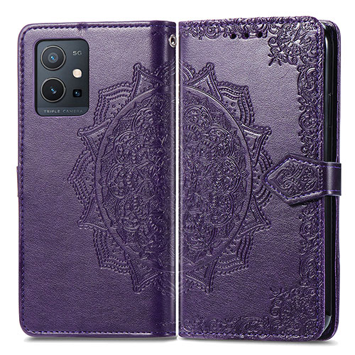 Leather Case Stands Fashionable Pattern Flip Cover Holder for Vivo Y75 5G Purple
