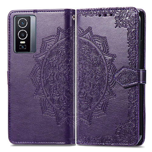 Leather Case Stands Fashionable Pattern Flip Cover Holder for Vivo Y76 5G Purple