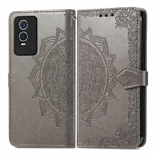 Leather Case Stands Fashionable Pattern Flip Cover Holder for Vivo Y76s 5G Gray