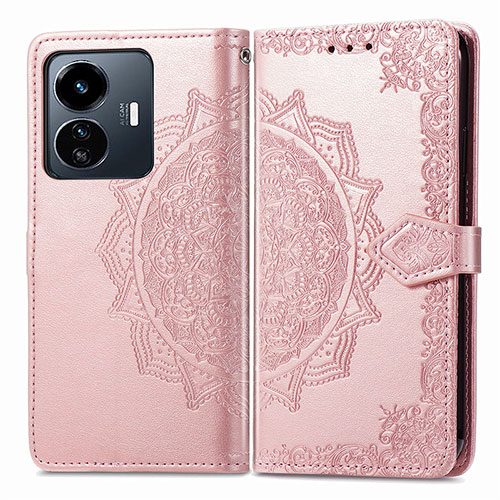 Leather Case Stands Fashionable Pattern Flip Cover Holder for Vivo Y77 5G Rose Gold