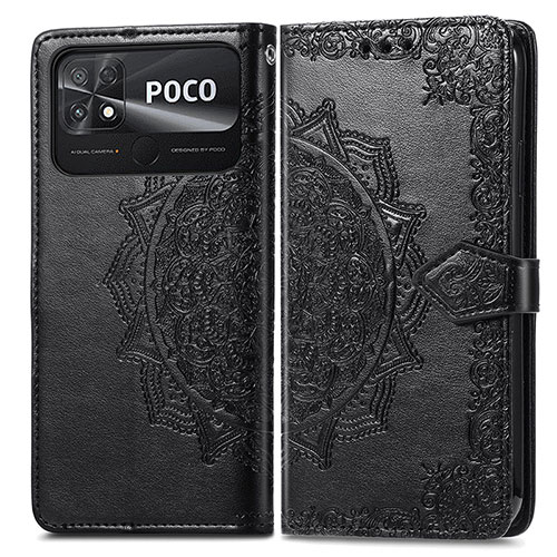 Leather Case Stands Fashionable Pattern Flip Cover Holder for Xiaomi Poco C40 Black