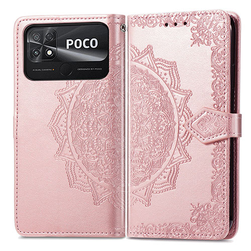 Leather Case Stands Fashionable Pattern Flip Cover Holder for Xiaomi Poco C40 Rose Gold