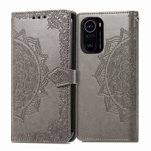 Leather Case Stands Fashionable Pattern Flip Cover Holder for Xiaomi Poco F3 5G Gray