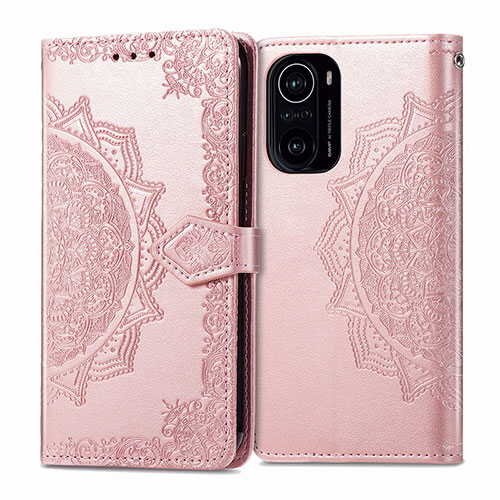 Leather Case Stands Fashionable Pattern Flip Cover Holder for Xiaomi Poco F3 5G Rose Gold