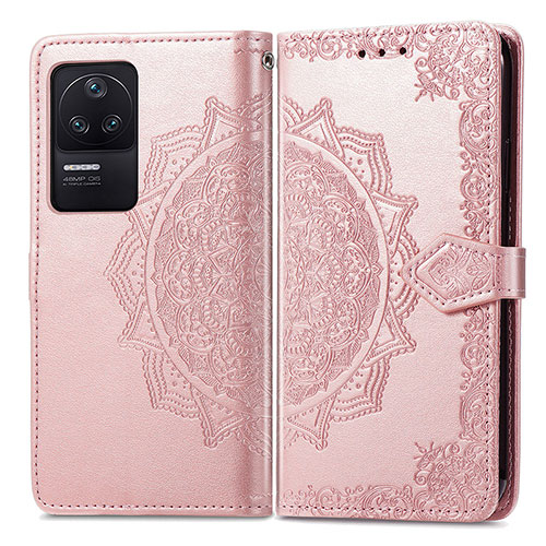 Leather Case Stands Fashionable Pattern Flip Cover Holder for Xiaomi Poco F4 5G Rose Gold