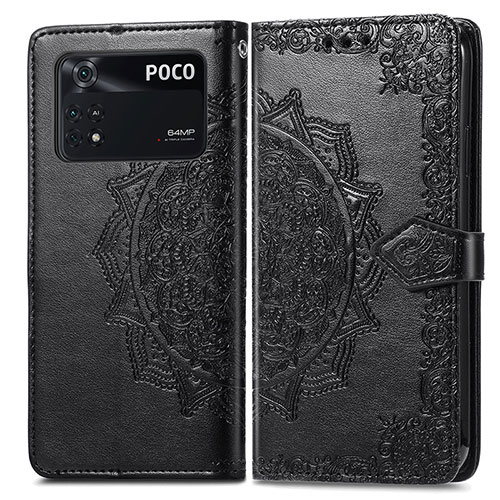 Leather Case Stands Fashionable Pattern Flip Cover Holder for Xiaomi Poco M4 Pro 4G Black