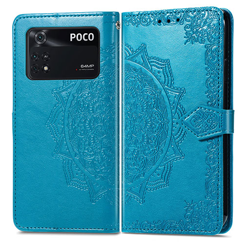 Leather Case Stands Fashionable Pattern Flip Cover Holder for Xiaomi Poco M4 Pro 4G Blue