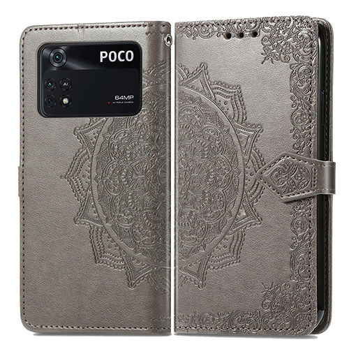 Leather Case Stands Fashionable Pattern Flip Cover Holder for Xiaomi Poco M4 Pro 4G Gray