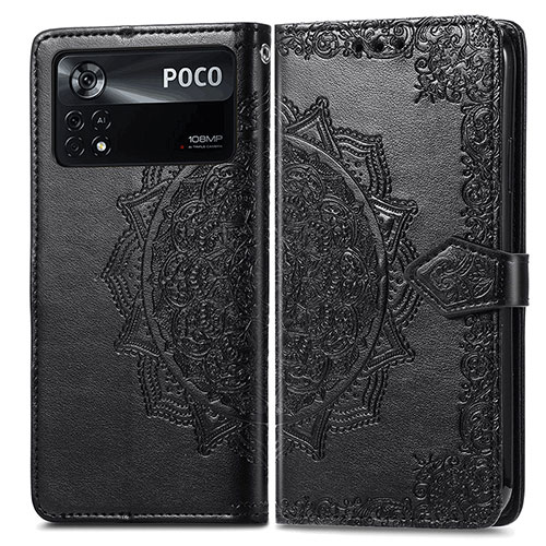 Leather Case Stands Fashionable Pattern Flip Cover Holder for Xiaomi Poco X4 Pro 5G Black