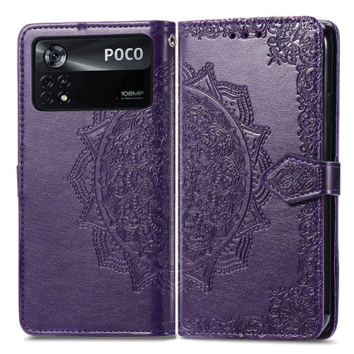 Leather Case Stands Fashionable Pattern Flip Cover Holder for Xiaomi Poco X4 Pro 5G Purple