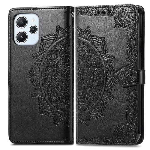 Leather Case Stands Fashionable Pattern Flip Cover Holder for Xiaomi Redmi 12 4G Black