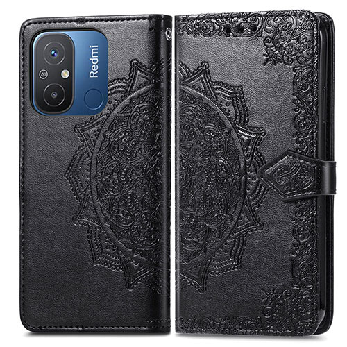 Leather Case Stands Fashionable Pattern Flip Cover Holder for Xiaomi Redmi 12C 4G Black